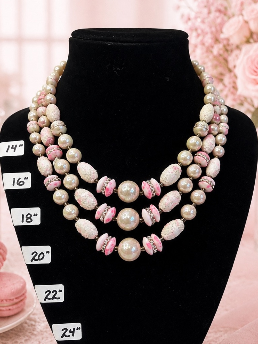 Vintage Japan Frosted Pink, Cream & Silver 3 Stranded Beaded Necklace. - Picture 9 of 10